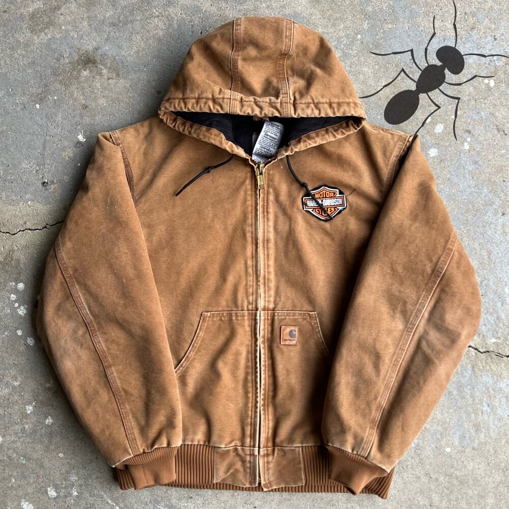 Vintage y2k brown Harley patch carhartt hooded work wear jacket
